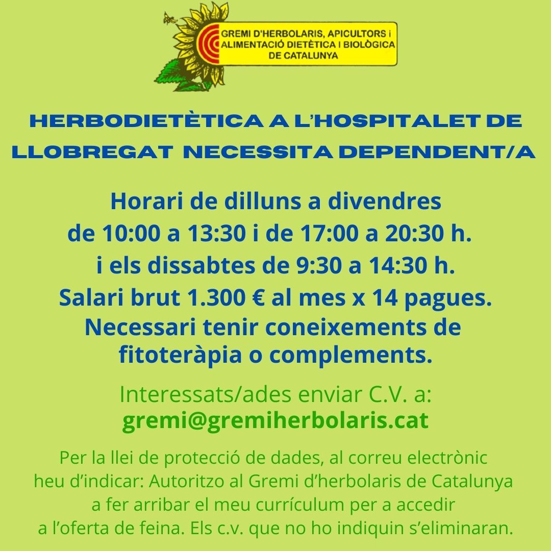 Herbodietética a Hospitalet de Llobregat  necesita dependiente/a